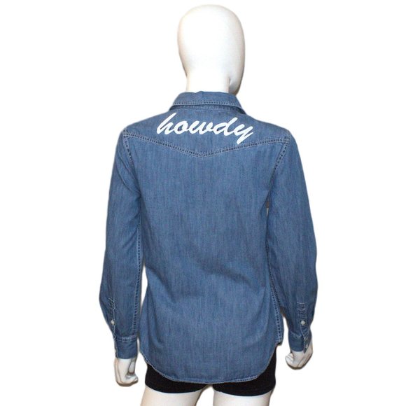 Draper James | Howdy Embroidered Chambray Button Down Blue Long Sleeve Shirt | 6 - Picture 5 of 13